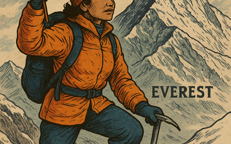 Bachendri Pal, India’s first woman to summit Mount Everest, in mountaineering gear with a Himalayan backdrop