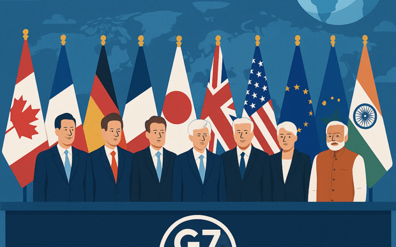 World leaders at the G7 Summit discussing global issues, standing together with flags of member nations in the background