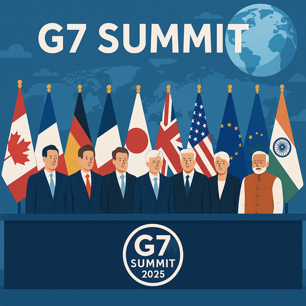 World leaders at the G7 Summit discussing global issues, standing together with flags of member nations in the background