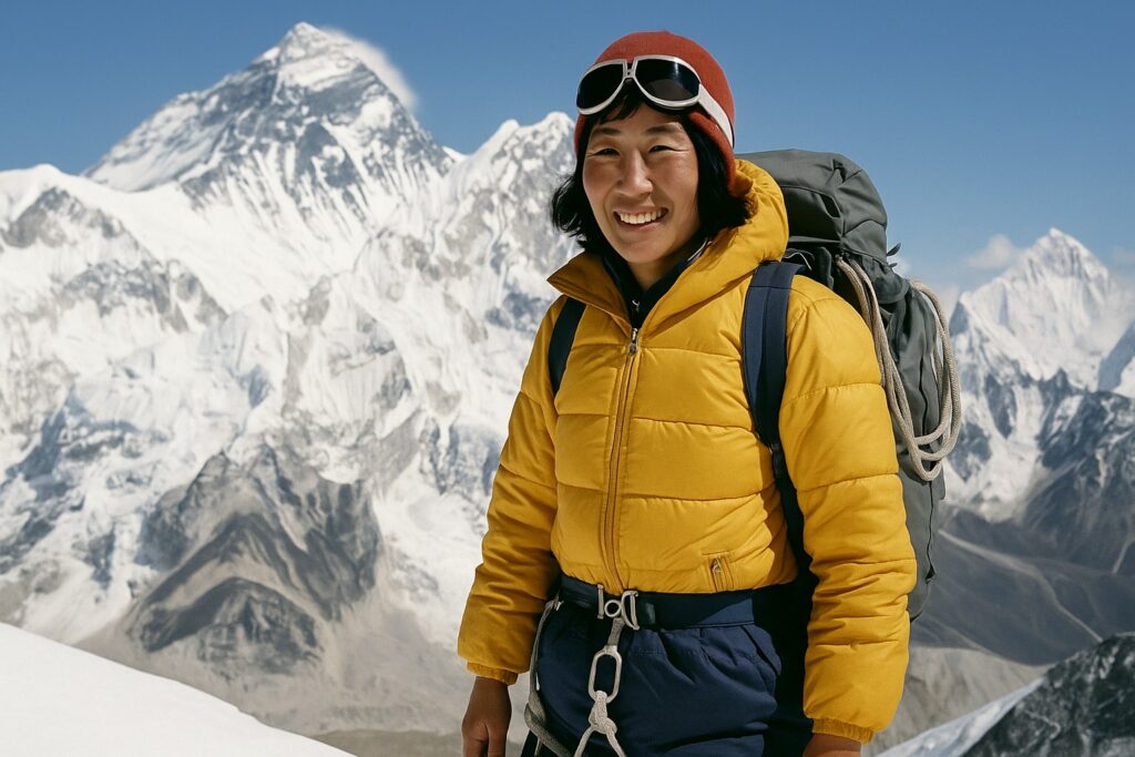 Junko Tabei standing on a snowy mountain with Mount Everest in the background, wearing a yellow jacket and mountaineering gear