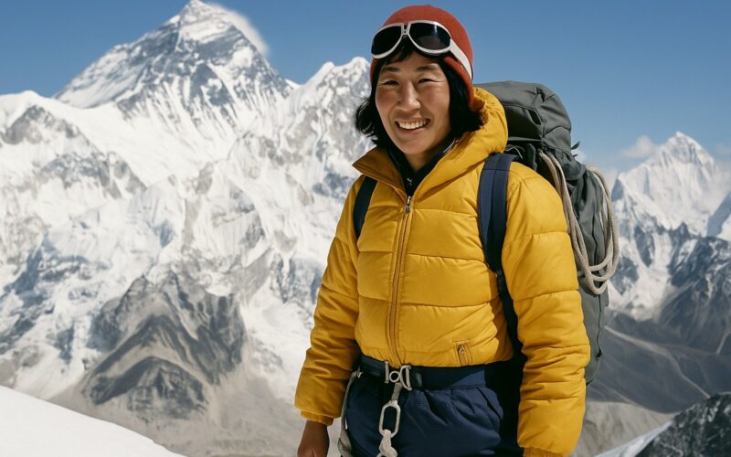 Junko Tabei standing on a snowy mountain with Mount Everest in the background, wearing a yellow jacket and mountaineering gear