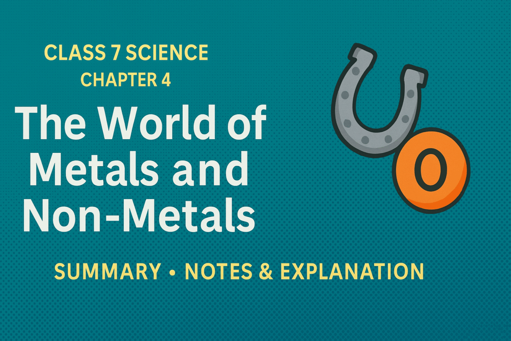 Class 7 Science Chapter 4 - The World of Metals and Non-Metals featured image showing title, summary, and visuals of metal and non-metal symbols on a teal background.