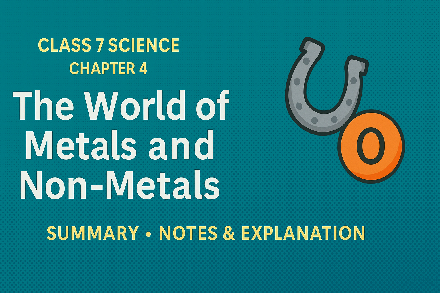 Class 7 Science Chapter 4 - The World of Metals and Non-Metals featured image showing title, summary, and visuals of metal and non-metal symbols on a teal background.